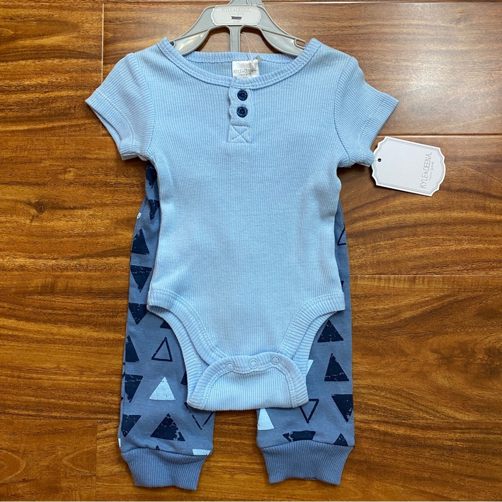NWT New Kyle & Deena Baby Blue Ribbed Onesie Jogger Pant Set Size 0-3M